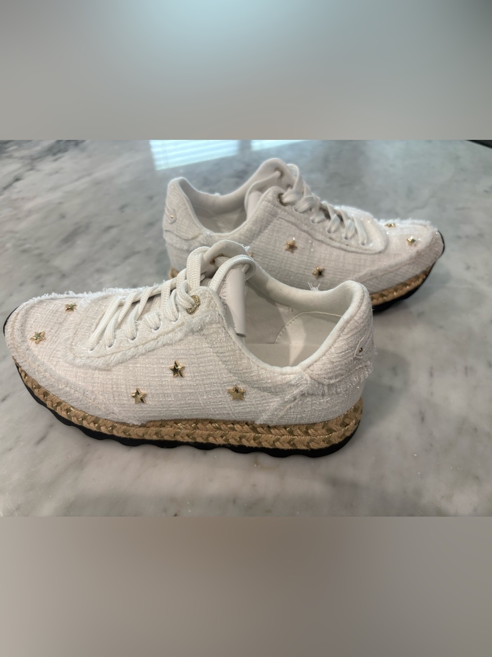Karl Lagerfeld Meaza White Boucle Tweed Gold Star Platform Sneakers Women's 7.5